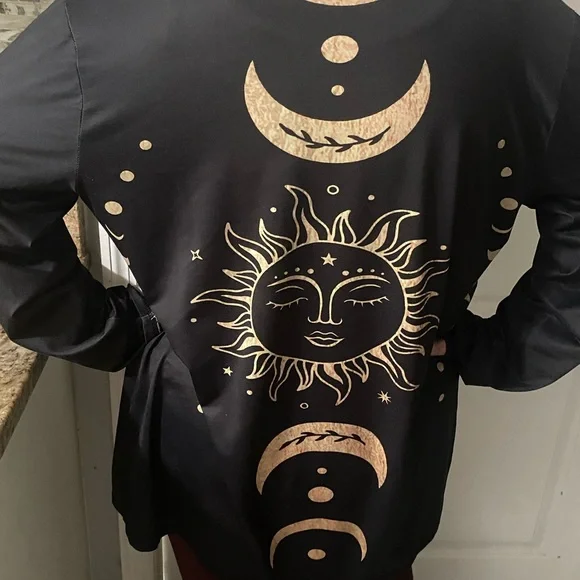 Black Long Sleeve cardigan with Gold Sun and Moon Design - Picture 2 of 4
